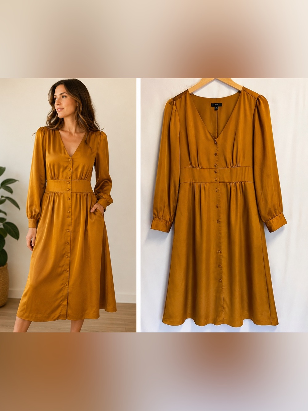 J.Crew Mustard Gold Satin Button Front Midi Dress Size 6 Long Sleeve Cottagecore
